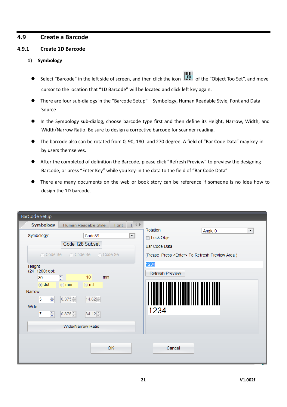 1 create 1d barcode, Create a barcode, Golabel on-line help | 9 create a barcode | GoDEX GoLabel User Manual | Page 21 / 72