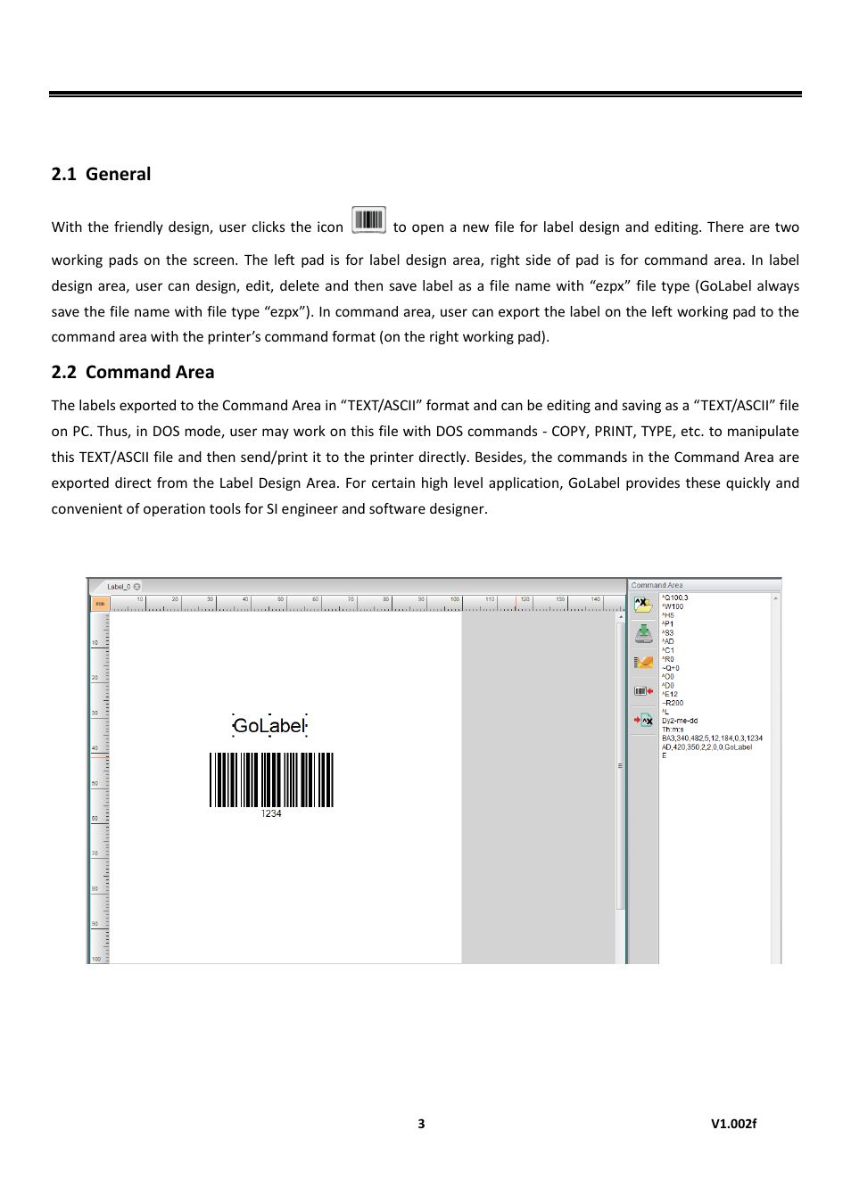 Working environment, General, Command area | Golabel on-line help, Working environment 2.1 general, 2 command area | GoDEX GoLabel User Manual | Page 3 / 72