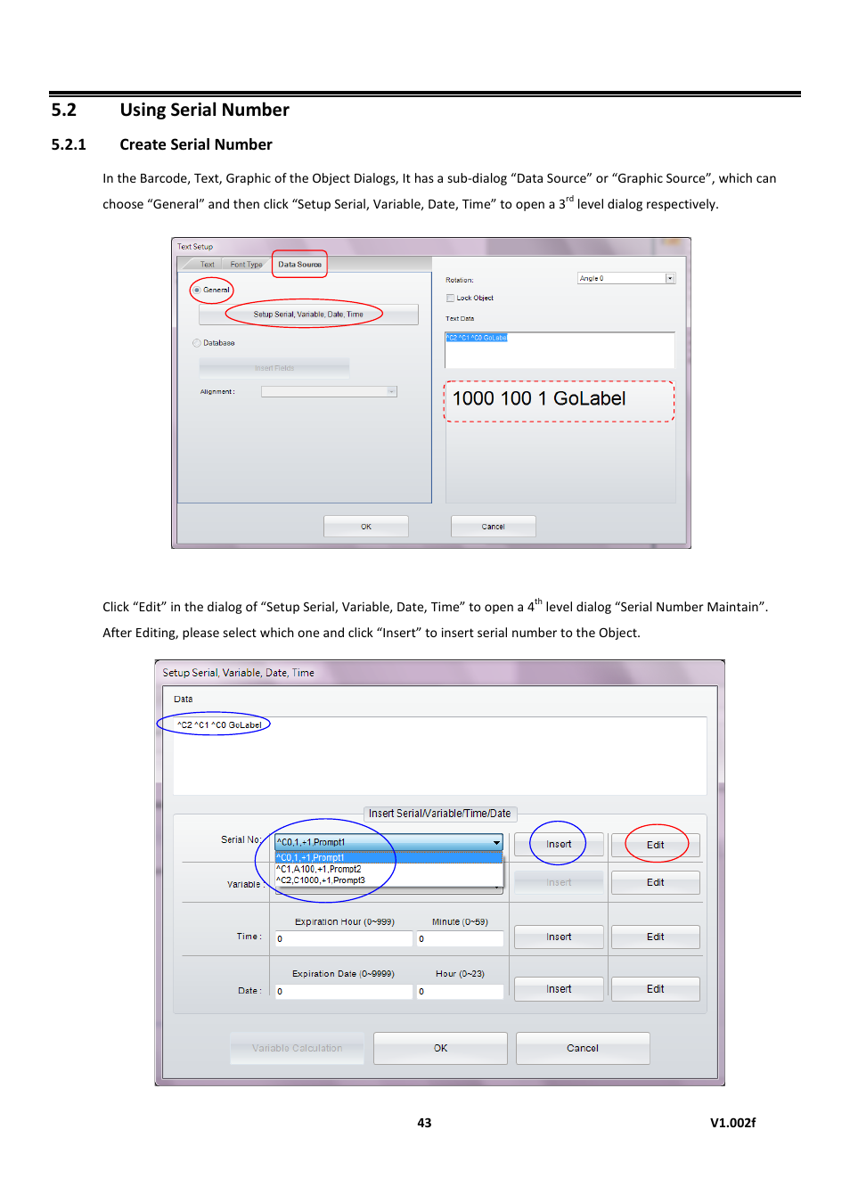 1 create serial number, Using serial number, Golabel on-line help | 2 using serial number | GoDEX GoLabel User Manual | Page 43 / 72