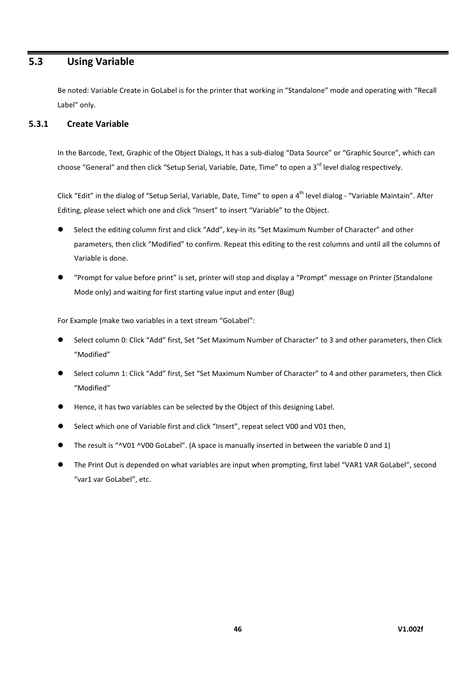 1 create variable, Using variable, Golabel on-line help | 3 using variable | GoDEX GoLabel User Manual | Page 46 / 72