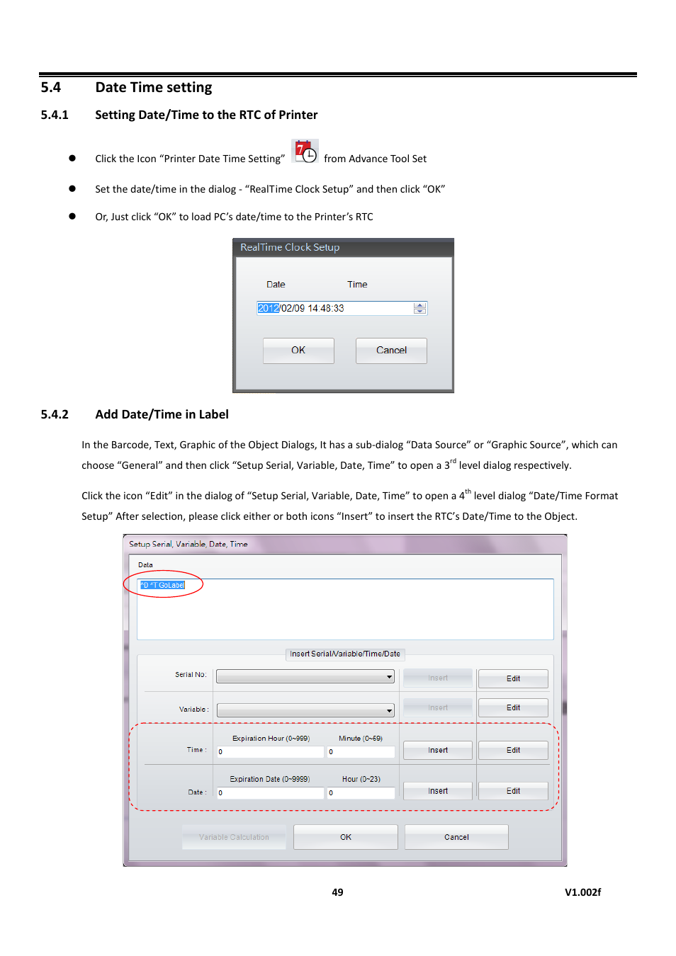 1 setting date/time to the rtc of printer, 2 add date/time in label, Date time setting | Golabel on-line help, 4 date time setting | GoDEX GoLabel User Manual | Page 49 / 72