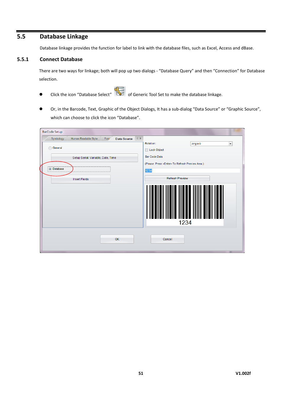 1 connect database, Database linkage, Golabel on-line help | 5 database linkage | GoDEX GoLabel User Manual | Page 51 / 72