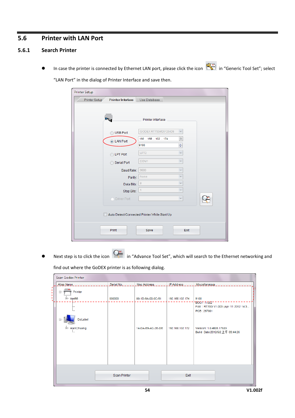 1 search printer, Printer with lan port, Golabel on-line help | 6 printer with lan port | GoDEX GoLabel User Manual | Page 54 / 72