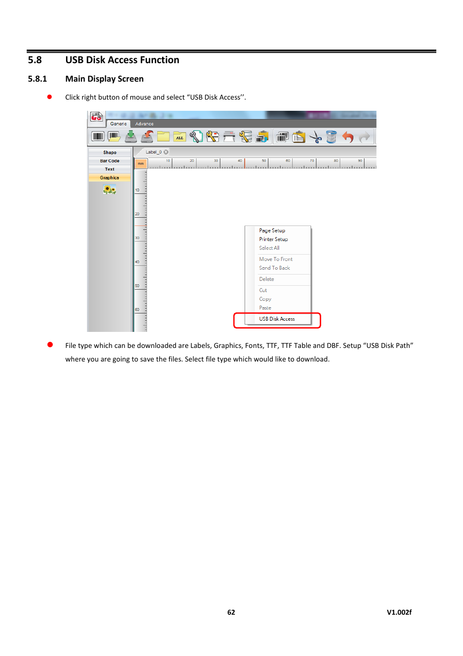 1 main display screen, Usb disk access function, Golabel on-line help | 8 usb disk access function | GoDEX GoLabel User Manual | Page 62 / 72