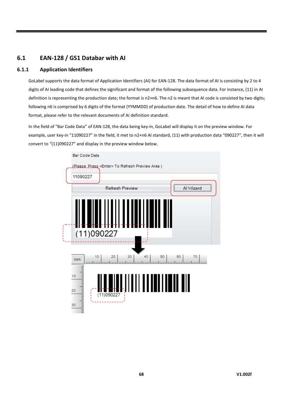 Barcode application, 1 application identifiers, Ean-128 / gs1 databar with ai | Golabel on-line help | GoDEX GoLabel User Manual | Page 68 / 72