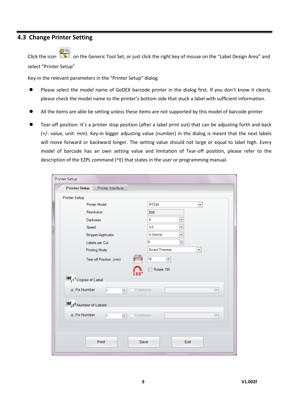 Change printer setting, Golabel on-line help, 3 change printer setting | GoDEX GoLabel User Manual | Page 9 / 72