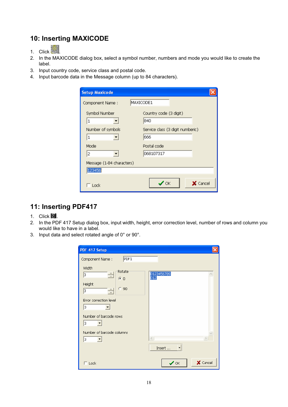 Inserting maxicode, Inserting pdf417 | GoDEX QLabel-IV User Manual | Page 19 / 40