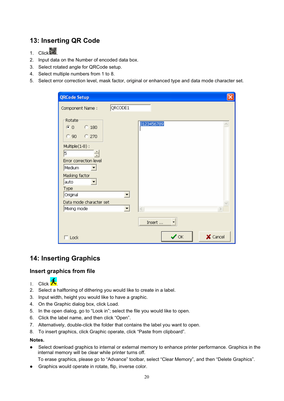 Inserting qr code, Inserting graphics | GoDEX QLabel-IV User Manual | Page 21 / 40