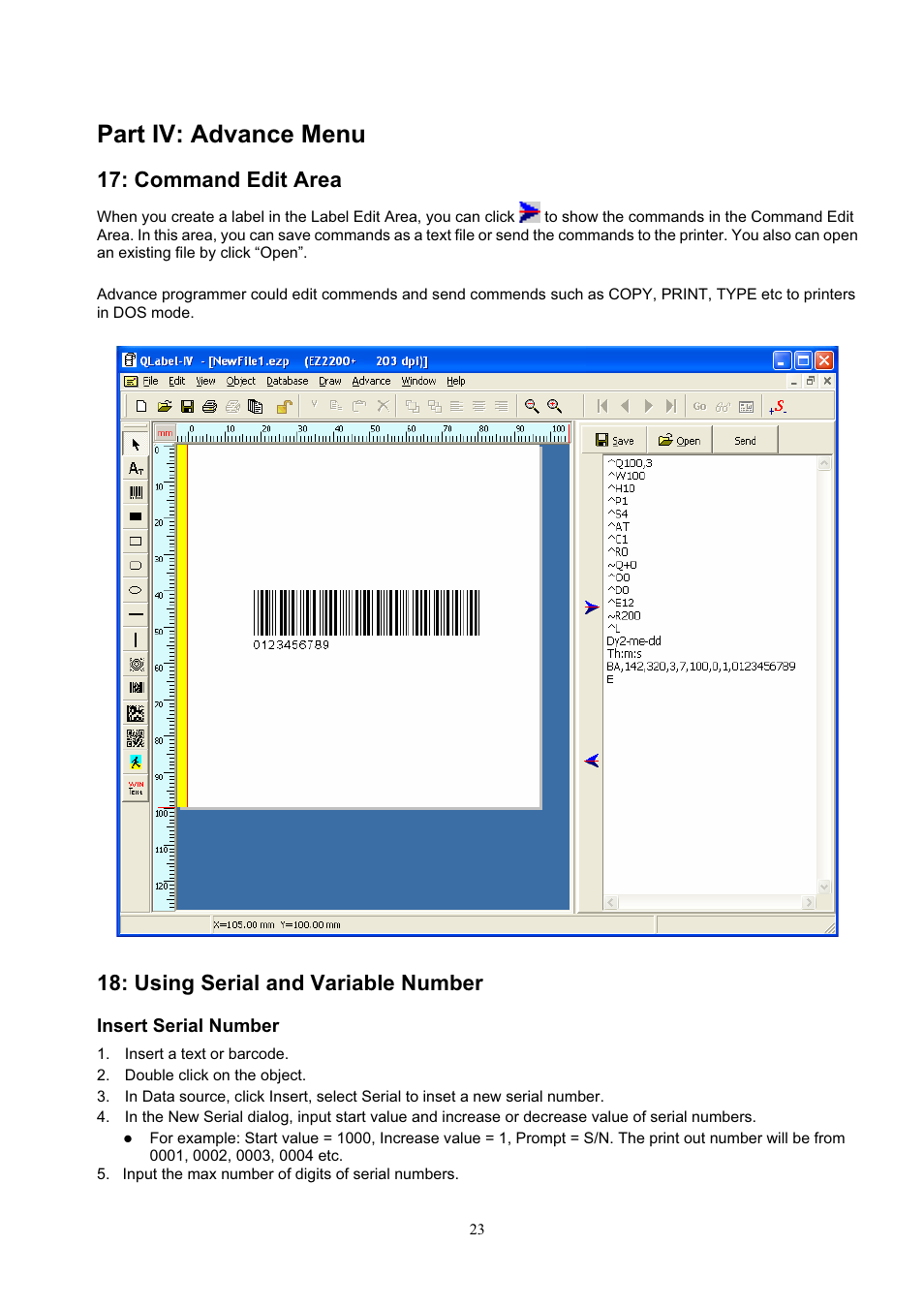 Part iv: advance menu, Command edit area, Using serial and variable number | GoDEX QLabel-IV User Manual | Page 24 / 40