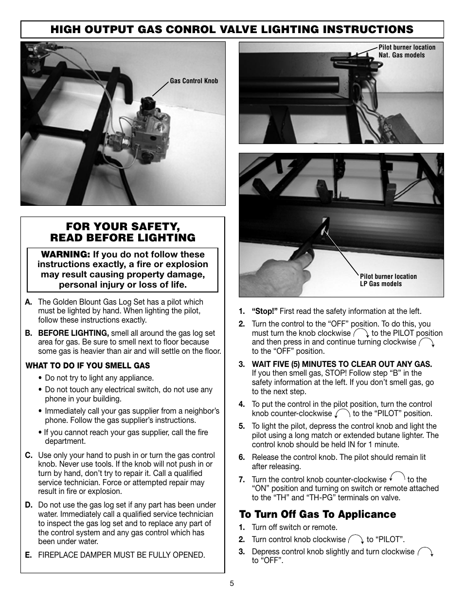 High output gas conrol valve lighting instructions, For your safety, read before lighting | Golden Blount BIG TEX User Manual | Page 5 / 6
