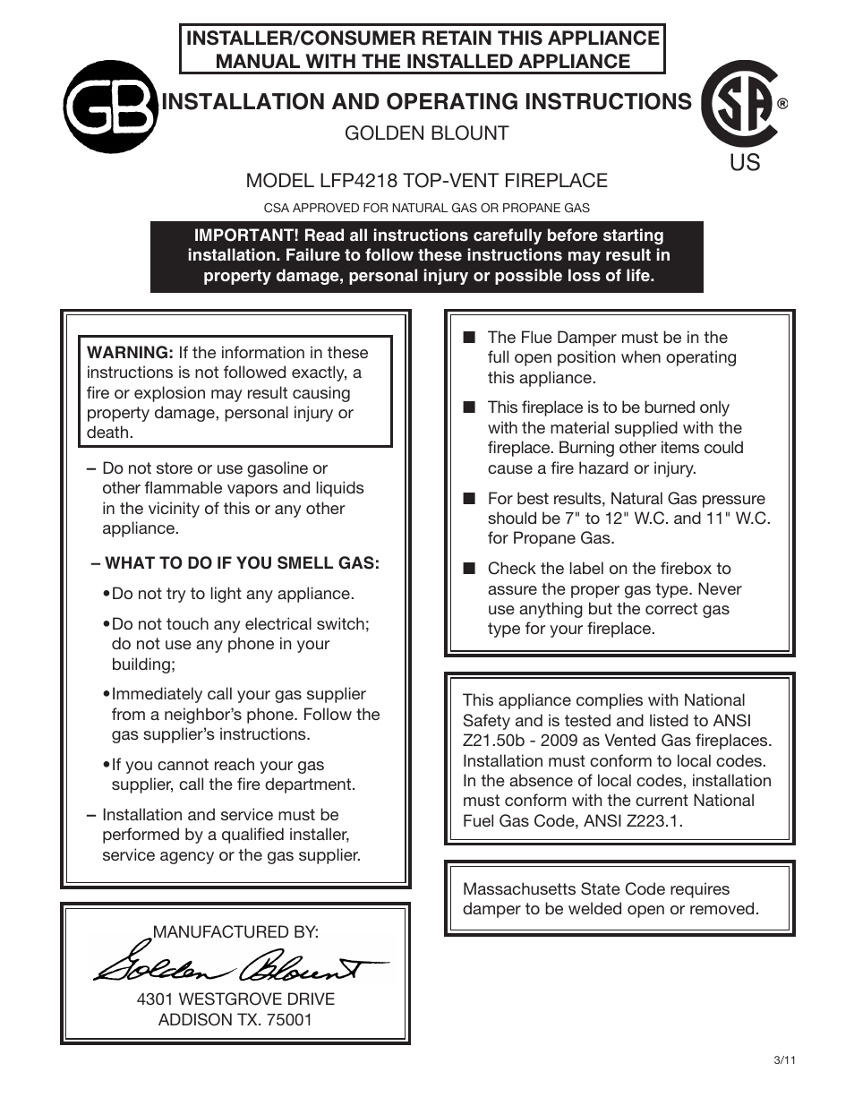 Golden Blount LFP4218TV Linear Fireplace User Manual | 16 pages
