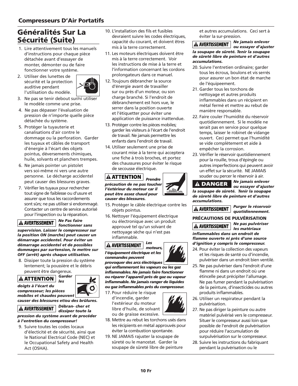 Généralités sur la sécurité (suite), Compresseurs d’air portatifs | Campbell Hausfeld IN628801AV User Manual | Page 10 / 24