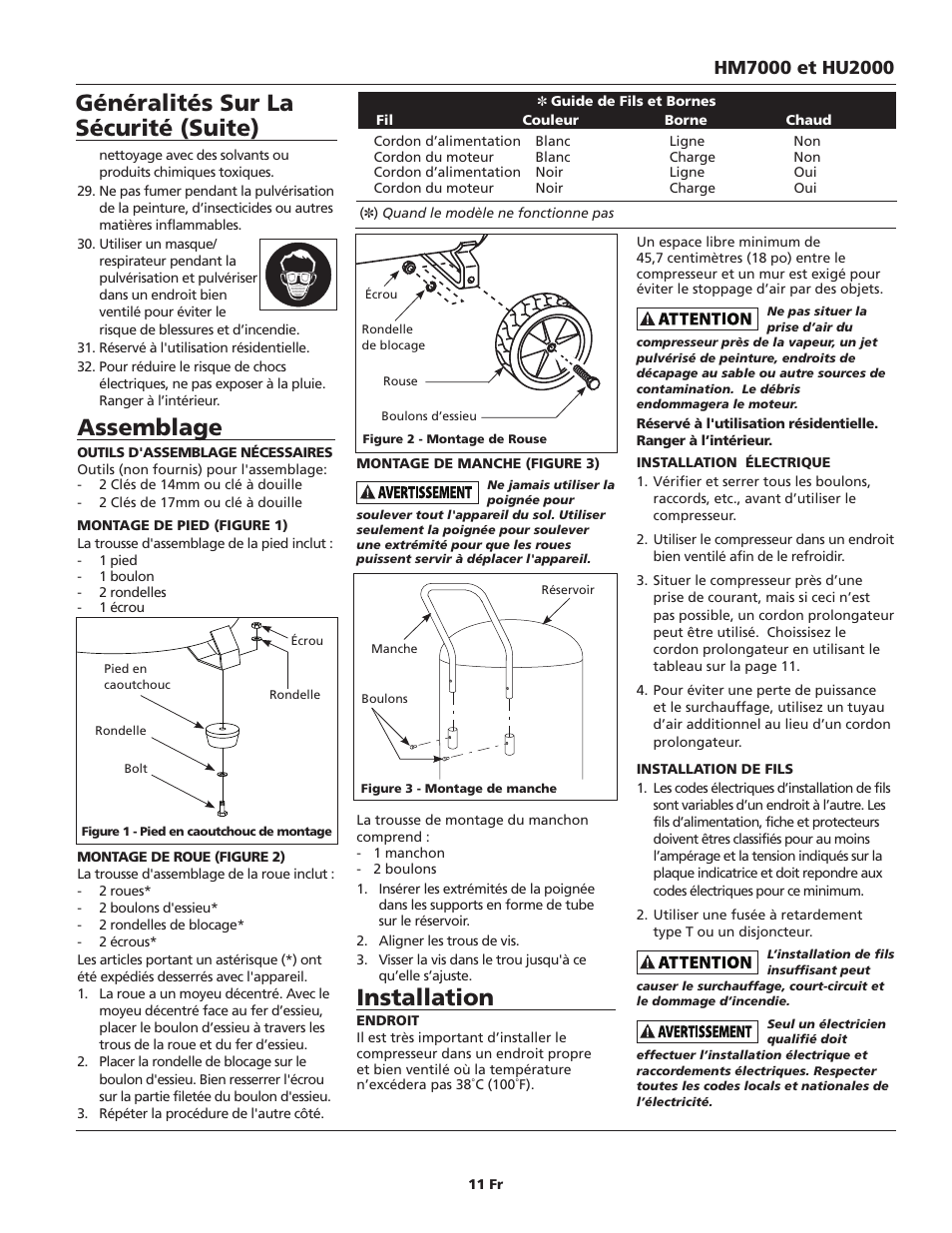 Assemblage, Installation, Généralités sur la sécurité (suite) | Campbell Hausfeld IN628801AV User Manual | Page 11 / 24