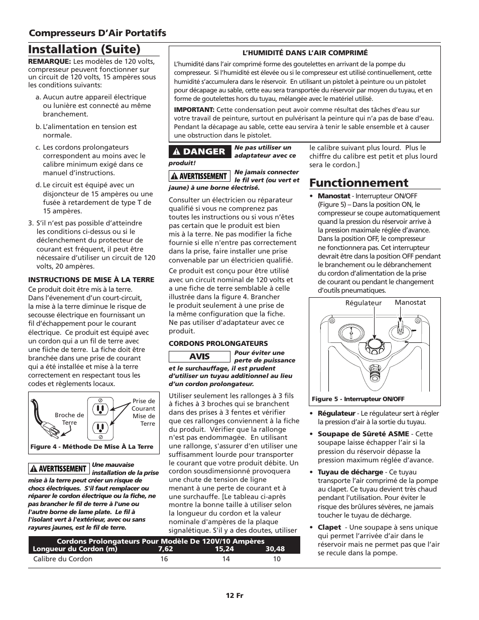 Functionnement, Installation (suite), Compresseurs d’air portatifs | Campbell Hausfeld IN628801AV User Manual | Page 12 / 24