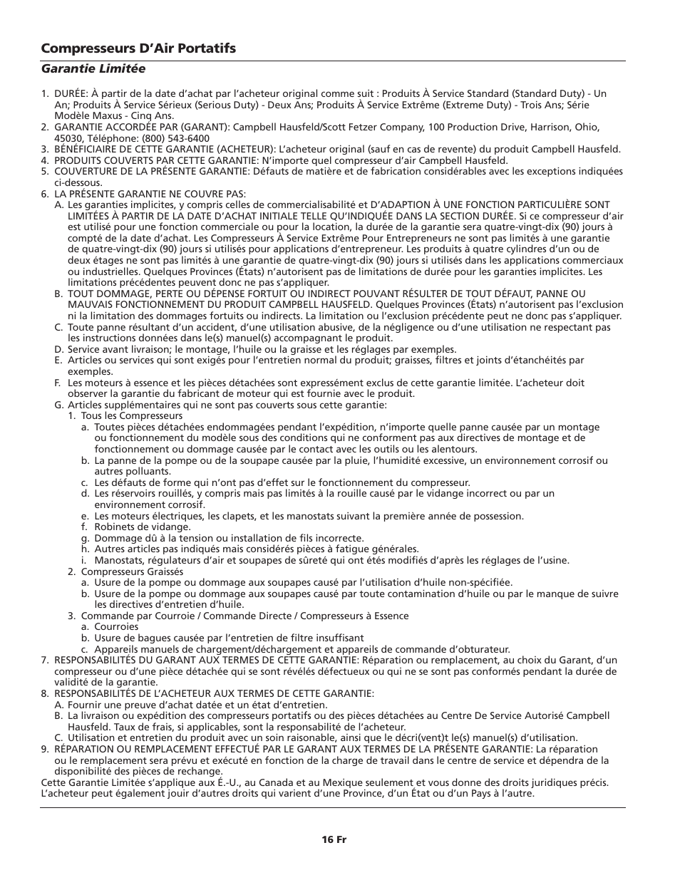 Compresseurs d’air portatifs | Campbell Hausfeld IN628801AV User Manual | Page 16 / 24