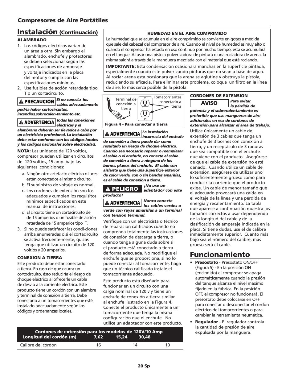 Funcionamiento, Instalación, Compresores de aire portátiles | Continuación) | Campbell Hausfeld IN628801AV User Manual | Page 20 / 24