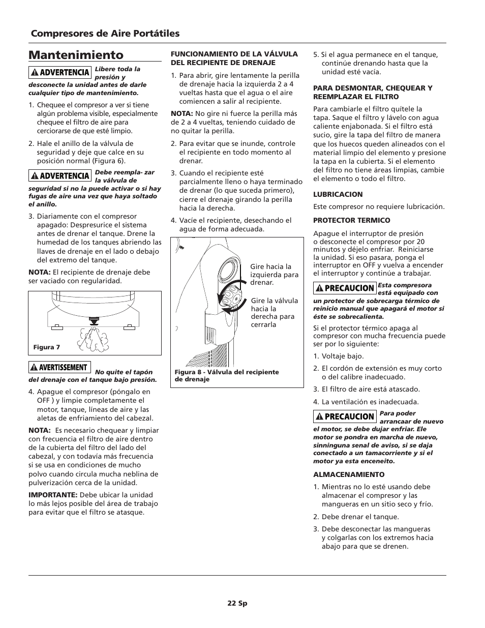 Mantenimiento, Compresores de aire portátiles | Campbell Hausfeld IN628801AV User Manual | Page 22 / 24
