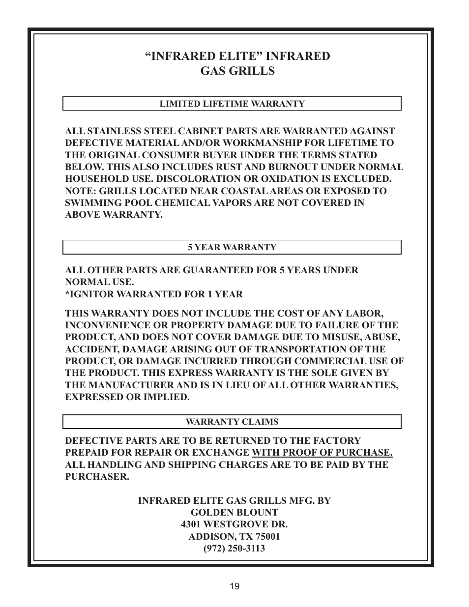Infrared elite” infrared gas grills | Golden Blount Infrared Elite User Manual | Page 19 / 19