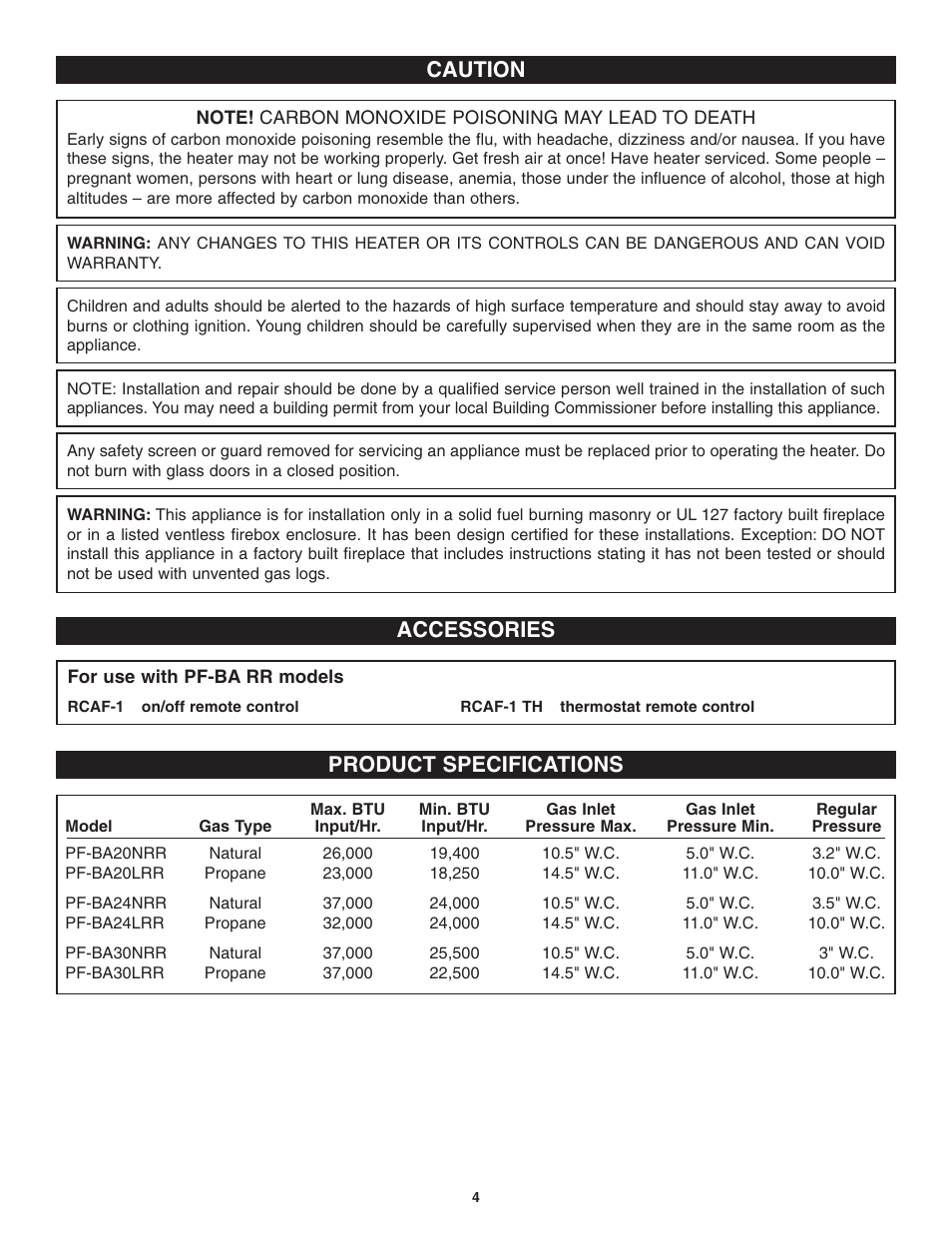 Caution, Accessories product specifications | Golden Blount Precision Flame Burner User Manual | Page 4 / 17