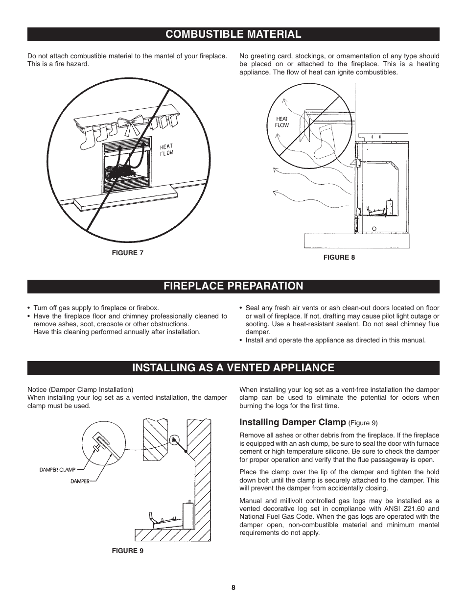Combustible material, Fireplace preparation, Installing as a vented appliance | Golden Blount Precision Flame Burner User Manual | Page 8 / 17