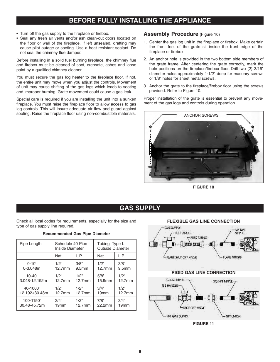 Before fully installing the appliance, Gas supply, Assembly procedure | Golden Blount Precision Flame Burner User Manual | Page 9 / 17