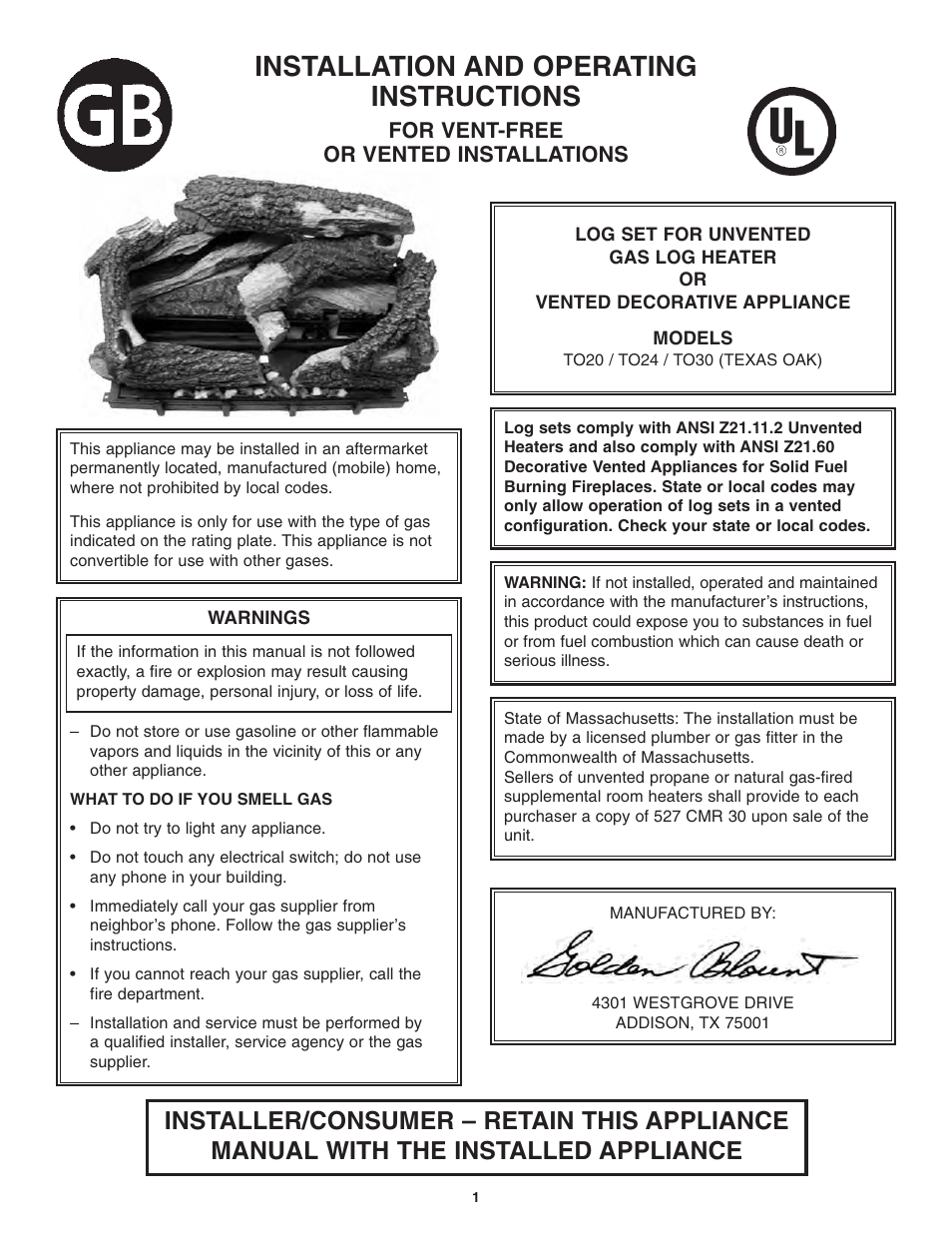 Golden Blount Texas Oak Log User Manual | 10 pages
