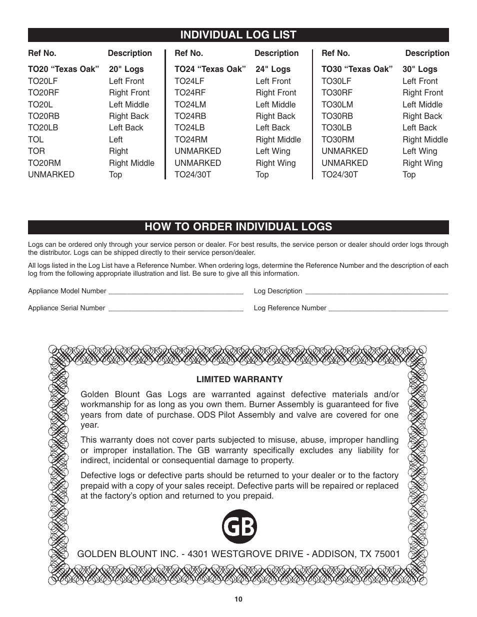 Individual log list, How to order individual logs | Golden Blount Texas Oak Log User Manual | Page 10 / 10