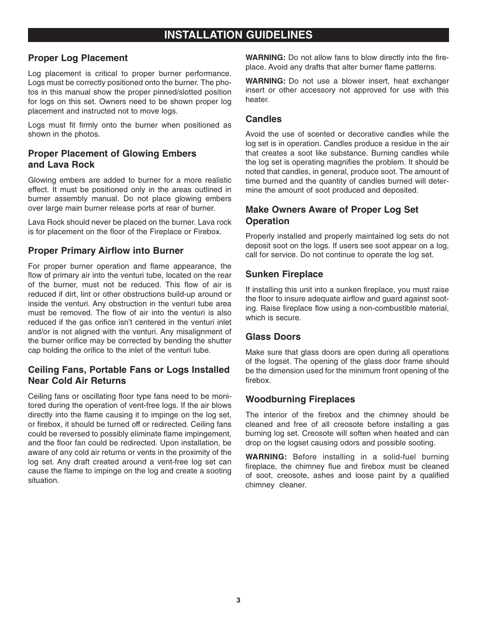 Installation guidelines | Golden Blount Texas Oak Log User Manual | Page 3 / 10