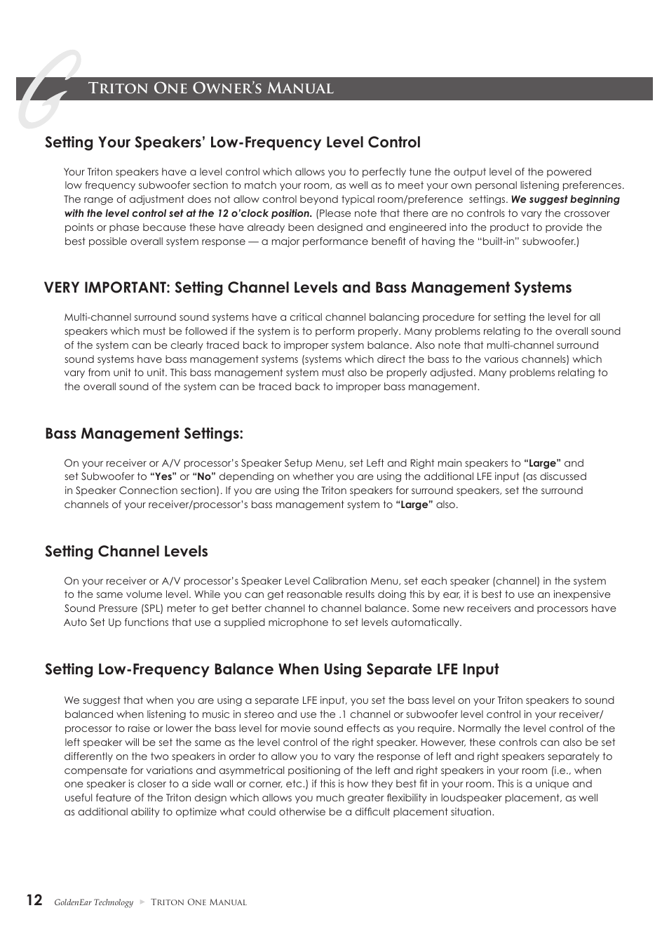 Bass management settings, Setting channel levels | GoldenEar Triton One User Manual | Page 12 / 16