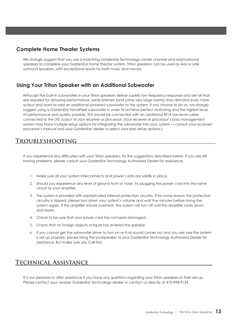 Troubleshooting, Technical assistance, 13 complete home theater systems | GoldenEar Triton One User Manual | Page 13 / 16