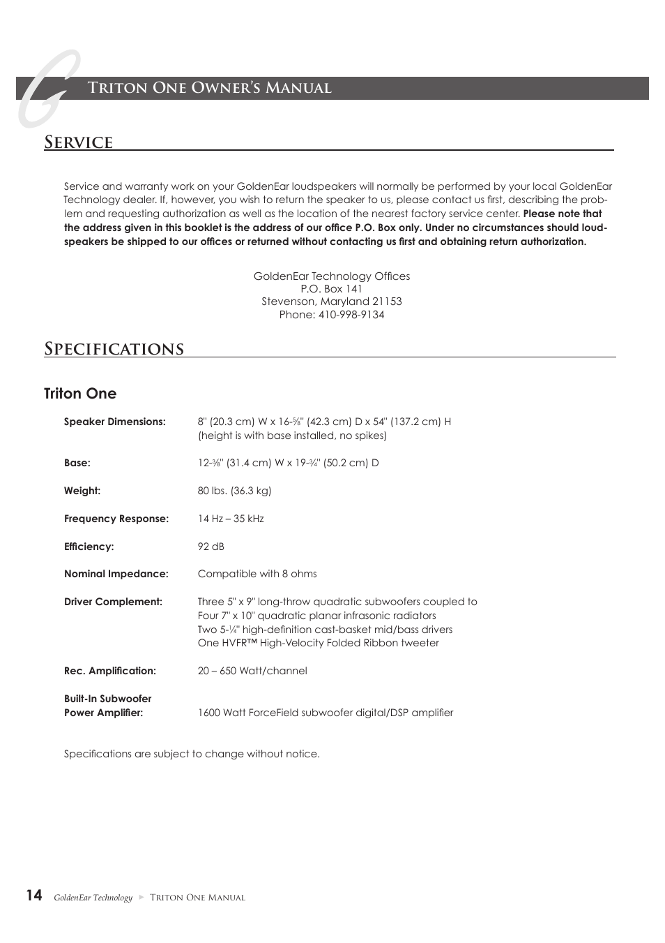 Service, Specifications, Triton one owner’s manual | Triton one | GoldenEar Triton One User Manual | Page 14 / 16