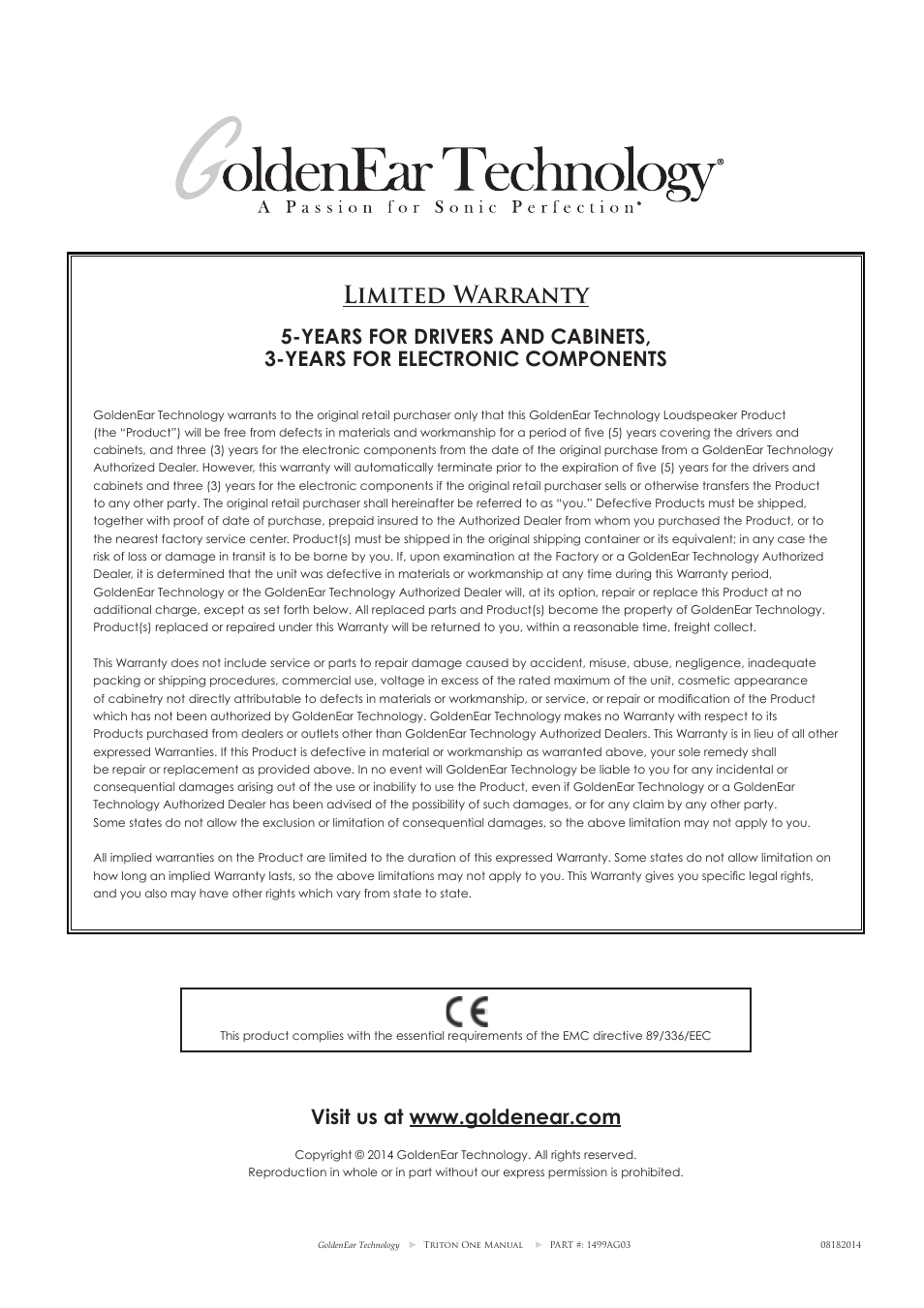 Limited warranty | GoldenEar Triton One User Manual | Page 16 / 16