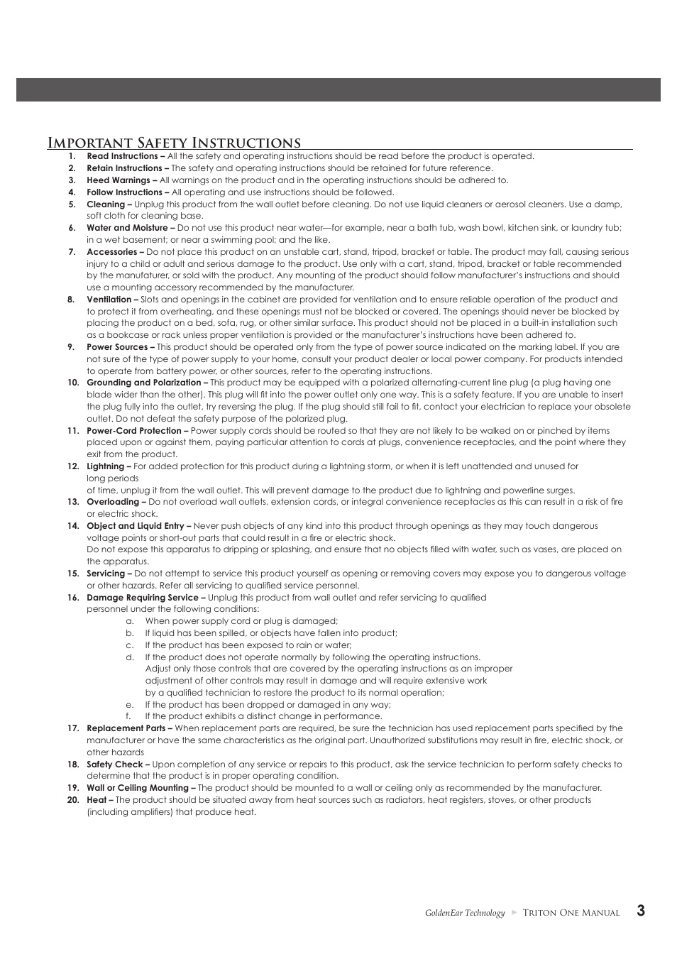 Important safety instructions | GoldenEar Triton One User Manual | Page 3 / 16