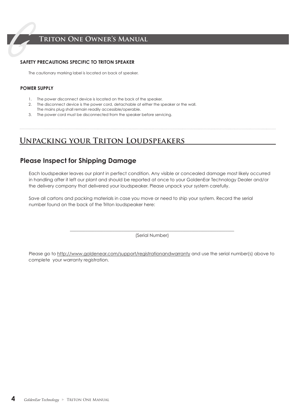 Unpacking your triton loudspeakers, Triton one owner’s manual, Please inspect for shipping damage | GoldenEar Triton One User Manual | Page 4 / 16