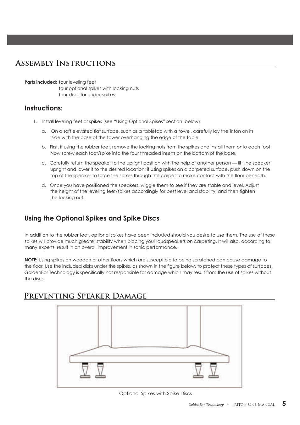 Assembly instructions, Preventing speaker damage, Instructions | Using the optional spikes and spike discs | GoldenEar Triton One User Manual | Page 5 / 16