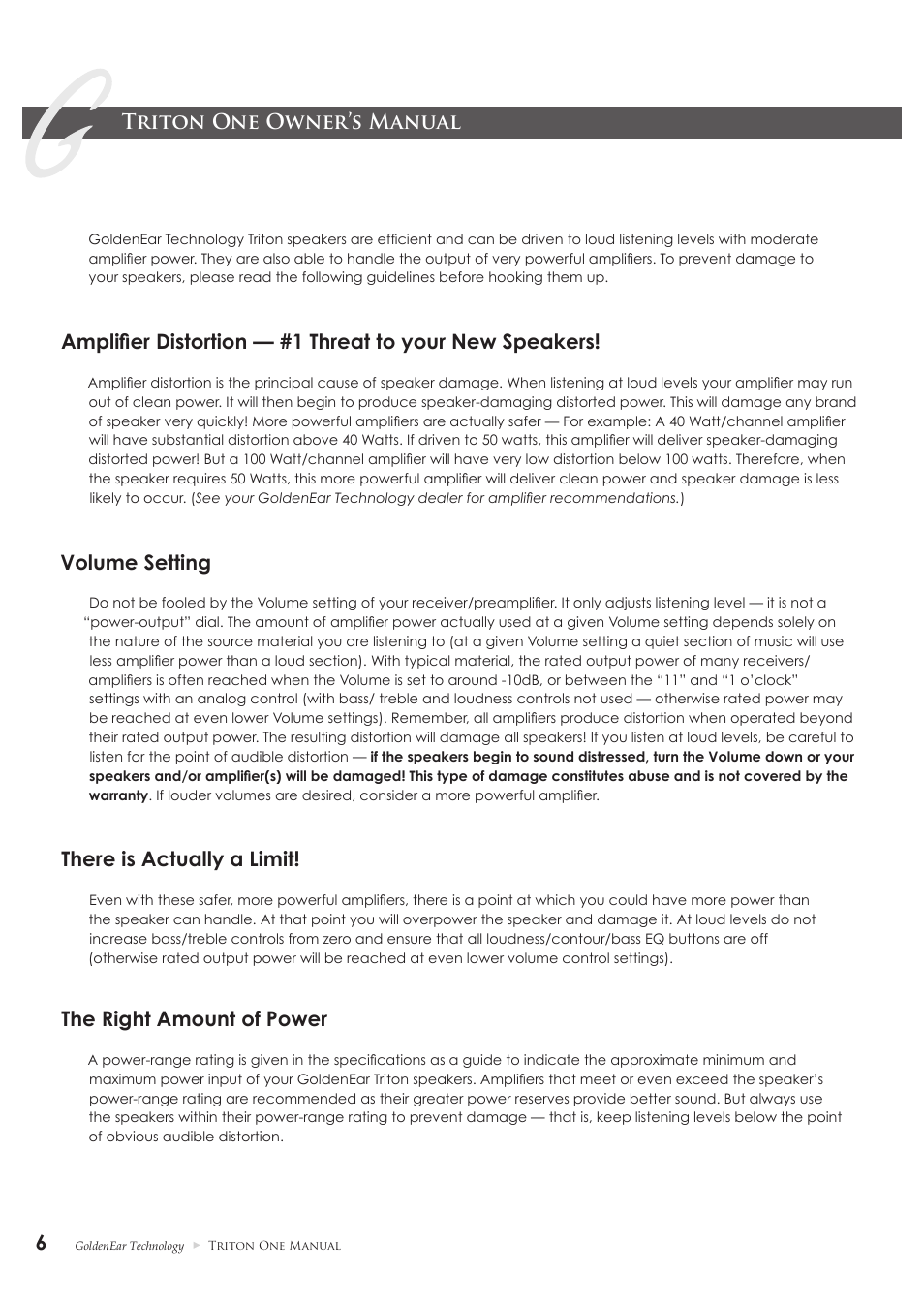 Triton one owner’s manual, Volume setting, There is actually a limit | The right amount of power | GoldenEar Triton One User Manual | Page 6 / 16