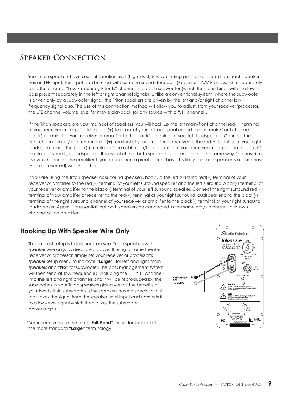 Speaker connection, Hooking up with speaker wire only | GoldenEar Triton One User Manual | Page 9 / 16