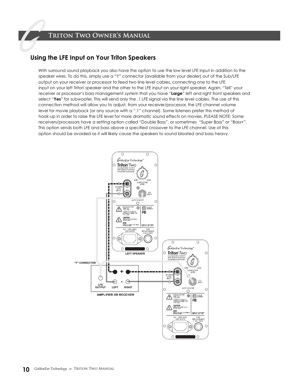 Using the lfe input on your triton speakers | GoldenEar Triton Two User Manual | Page 10 / 16