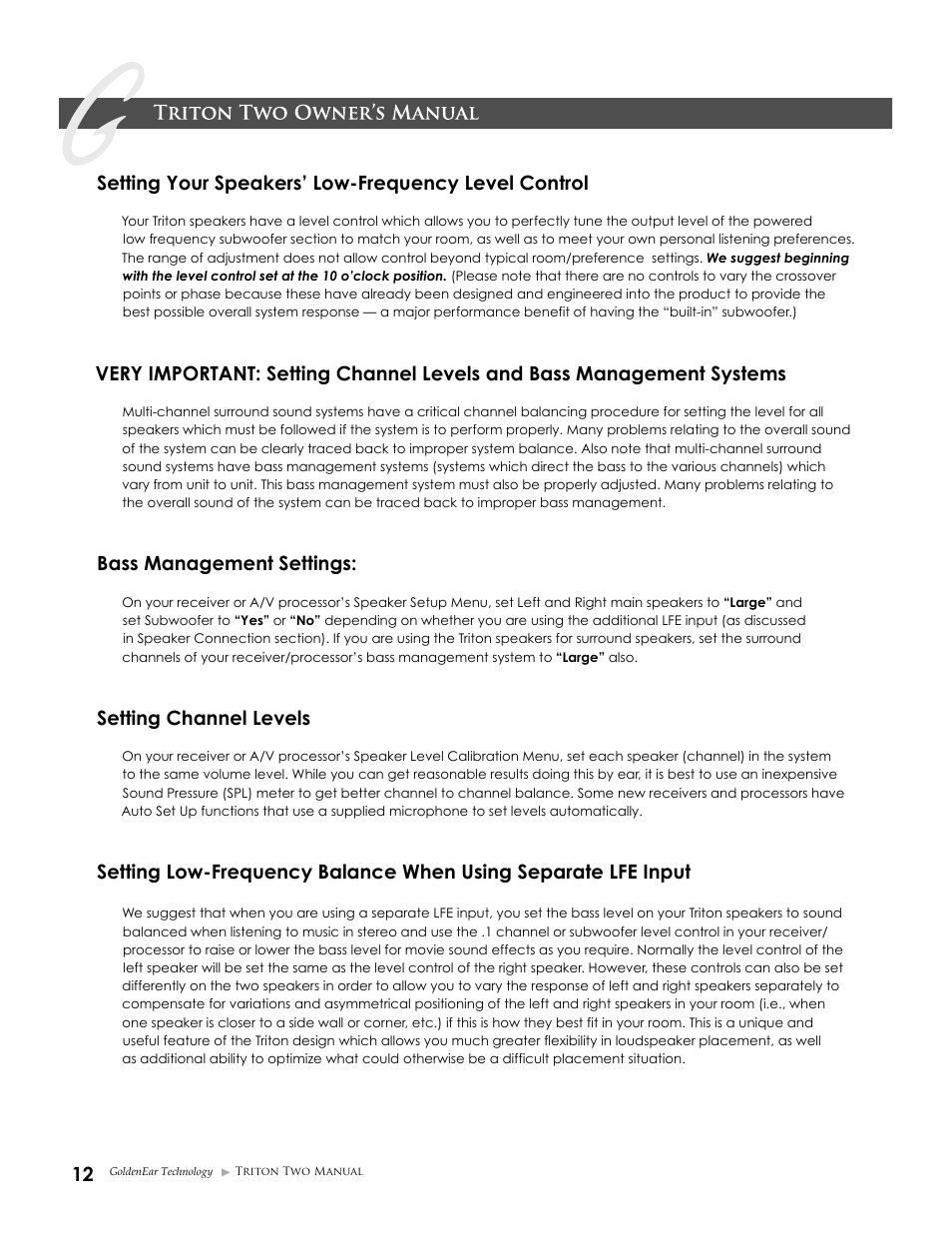 Setting your speakers’ low-frequency level control, Bass management settings, Setting channel levels | GoldenEar Triton Two User Manual | Page 12 / 16