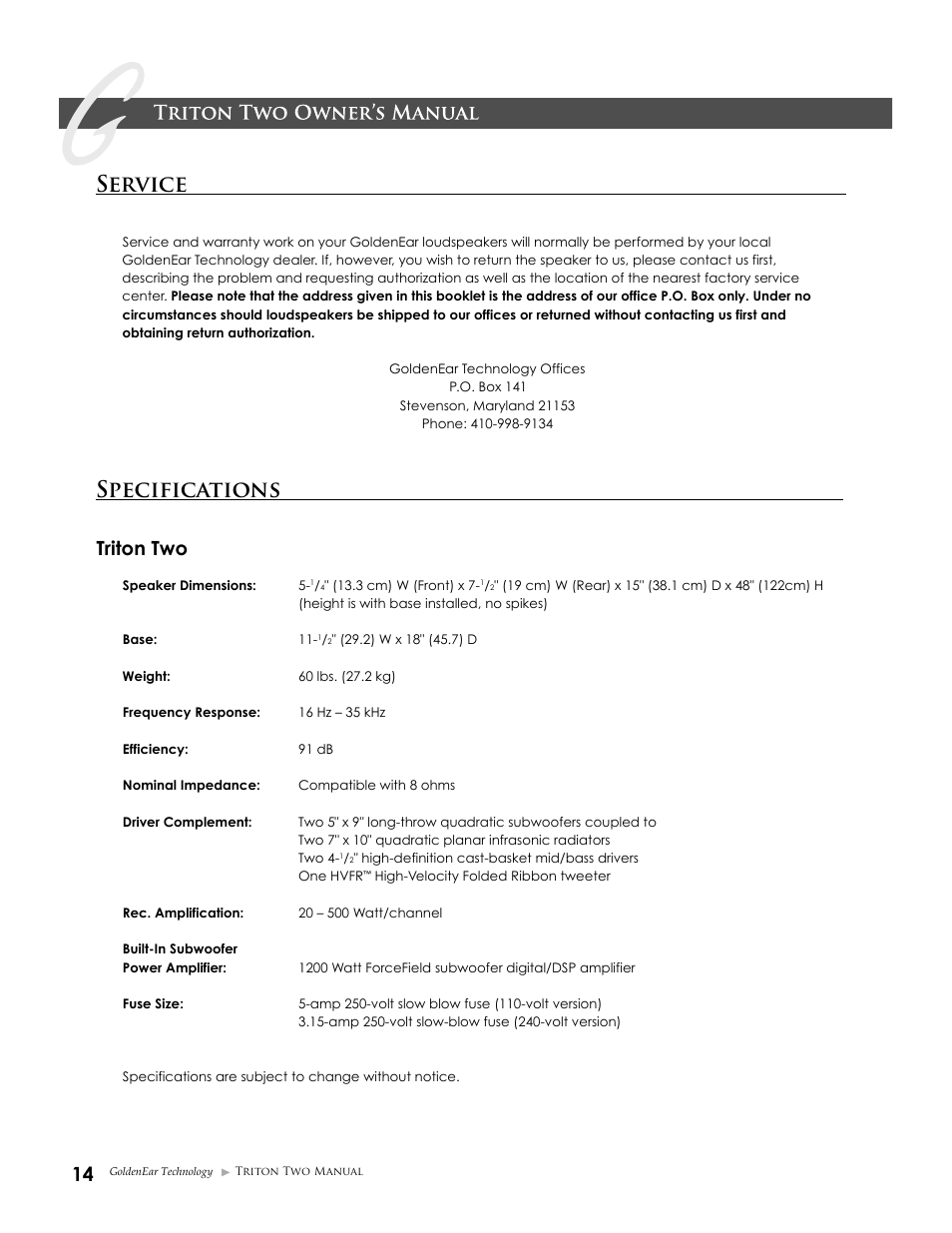 Service, Specifications, Triton two | GoldenEar Triton Two User Manual | Page 14 / 16
