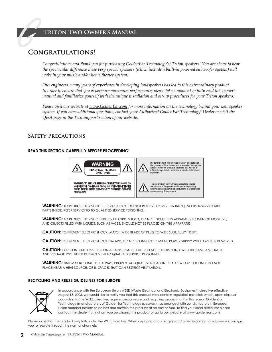 Safety precautions | GoldenEar Triton Two User Manual | Page 2 / 16