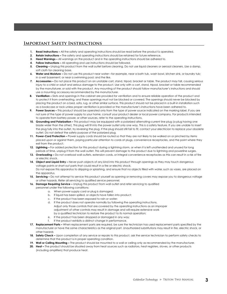 Important safety instructions | GoldenEar Triton Two User Manual | Page 3 / 16