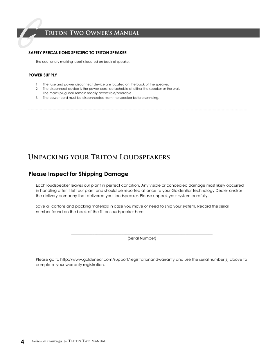 Unpacking your triton loudspeakers, Please inspect for shipping damage | GoldenEar Triton Two User Manual | Page 4 / 16