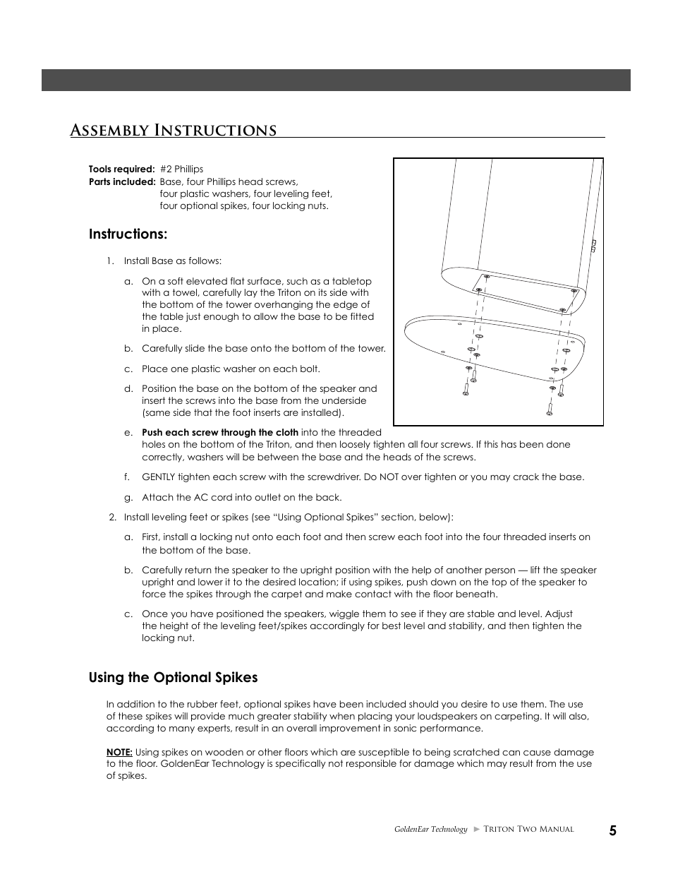 Assembly instructions, Instructions, Using the optional spikes | GoldenEar Triton Two User Manual | Page 5 / 16