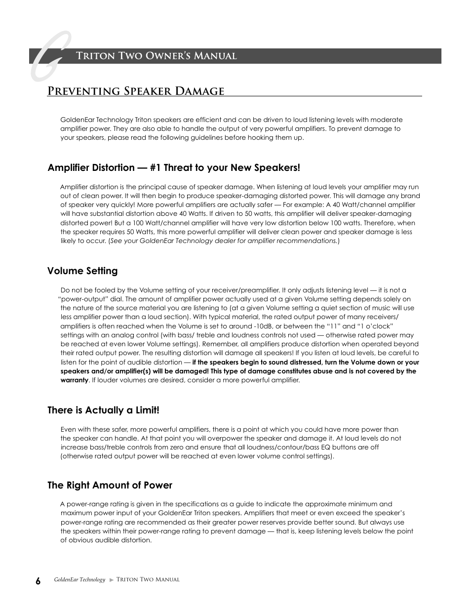 Preventing speaker damage, Volume setting, There is actually a limit | The right amount of power | GoldenEar Triton Two User Manual | Page 6 / 16