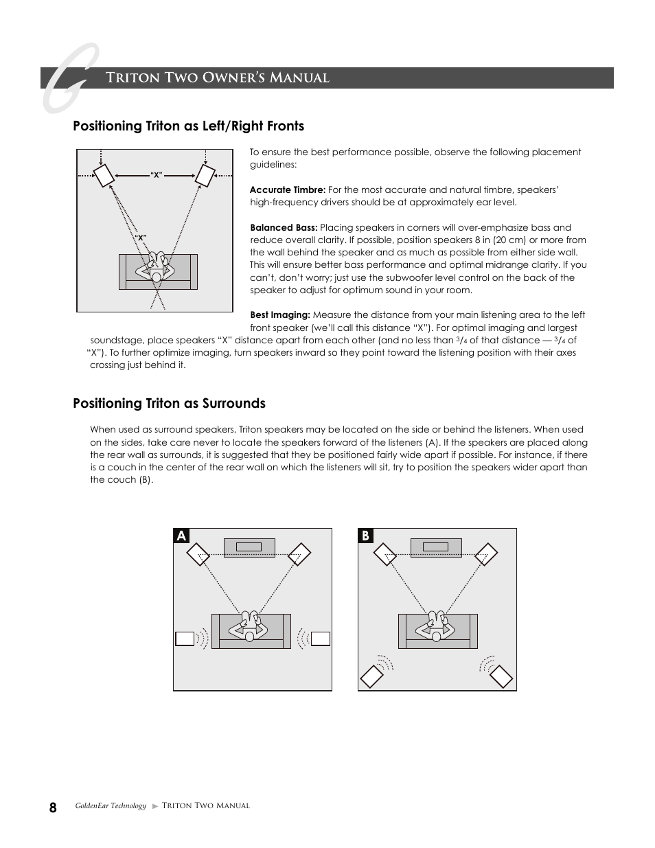 Positioning triton as left/right fronts, Positioning triton as surrounds | GoldenEar Triton Two User Manual | Page 8 / 16