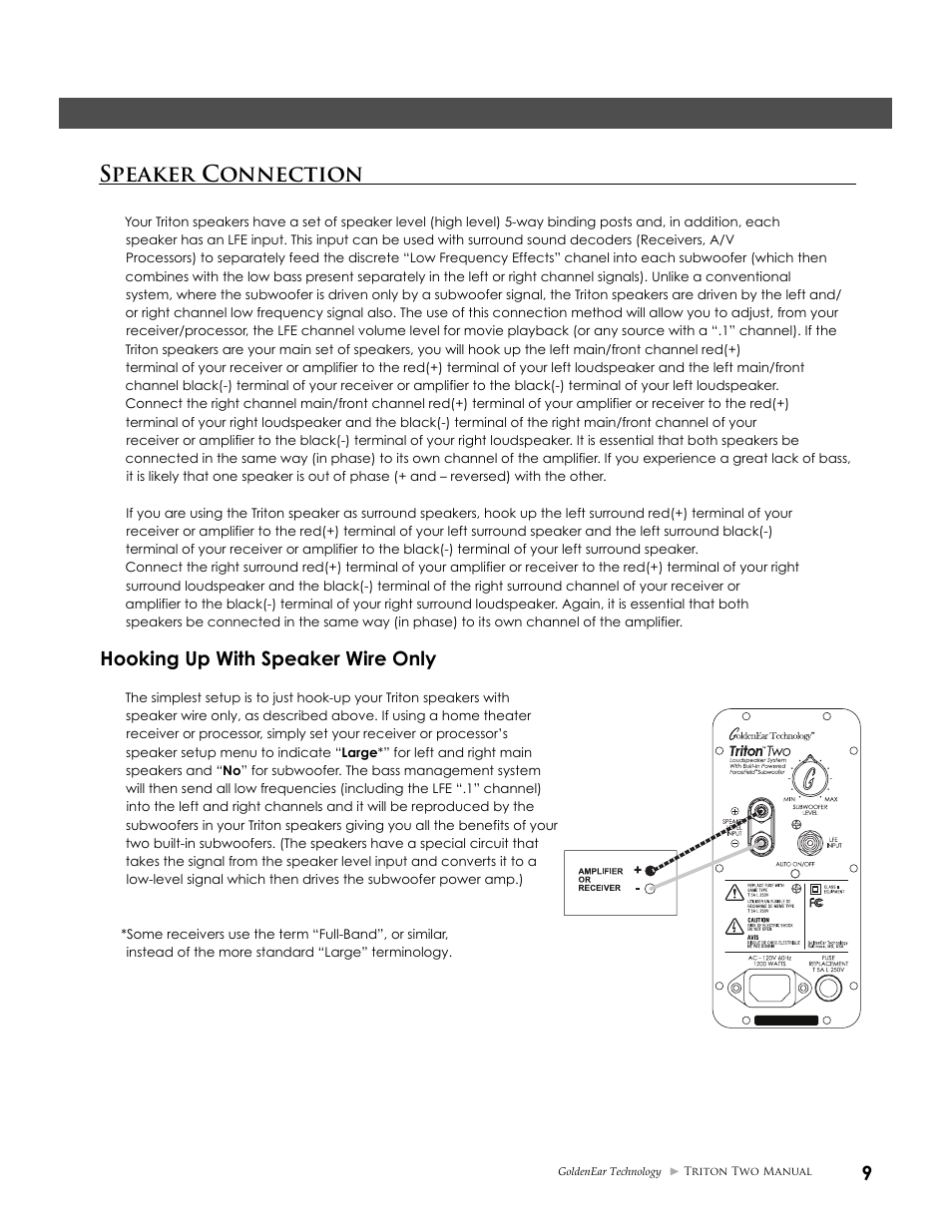 Speaker connection, Hooking up with speaker wire only | GoldenEar Triton Two User Manual | Page 9 / 16