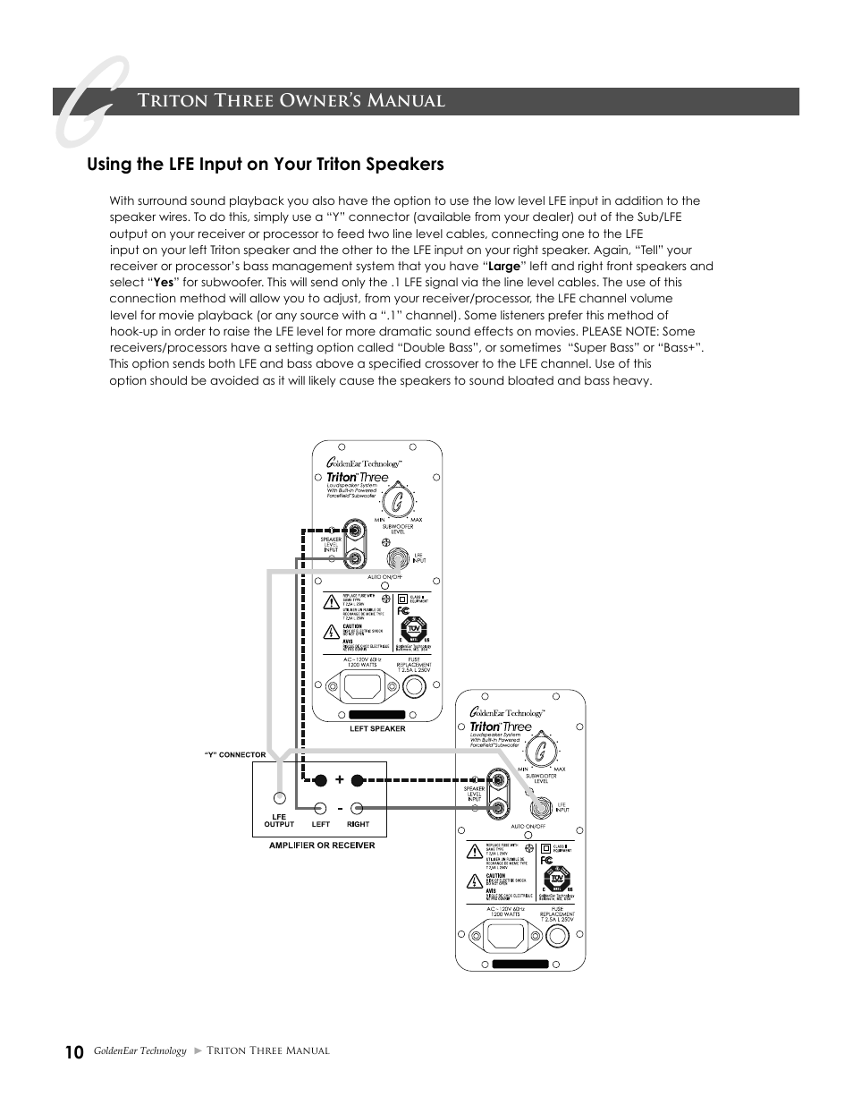 Triton three owner’s manual, Using the lfe input on your triton speakers | GoldenEar Triton Three User Manual | Page 10 / 16