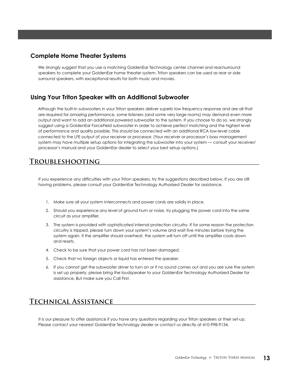 Troubleshooting, Technical assistance | GoldenEar Triton Three User Manual | Page 13 / 16