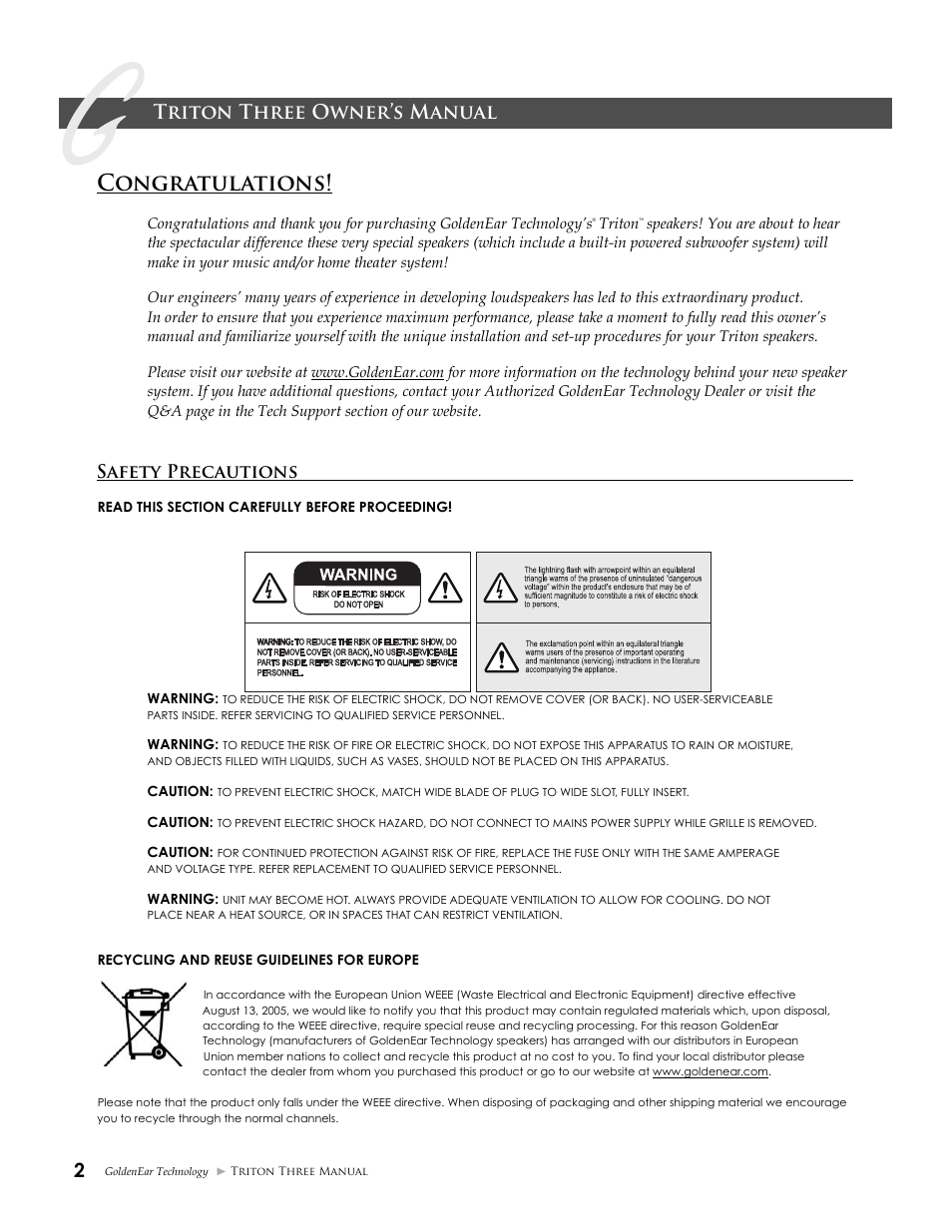 Triton three owner’s manual, Safety precautions | GoldenEar Triton Three User Manual | Page 2 / 16